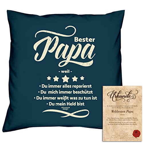 Bester Papa weil :: Geschenk-Set: Kissen inkl. Füllung plus Urkunde Persönliche Geschenkidee für Weihnachten Geburtstag Valentinstag Vatertag Farbe:navy-blau - 5