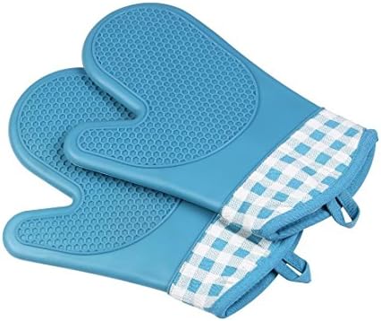 Mackertop Heat Resistant Silicone Oven Gloves Non-Slip with Cotton Lining for Kitchen Cooking, Baking, Barbecue Pot Holder - Oven Mitts 1 Pair (Blue)