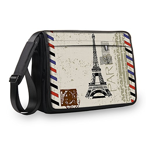 MySleeveDesign Messenger Bag Laptoptasche Notebooktasche mit Tragegurt - Tasche für Laptop & Notebook der Größen 13,3 Zoll / 14 Zoll / 15,6 Zoll / 17,3 Zoll - VERSCH. DESIGNS - Paris Stamp - 15
