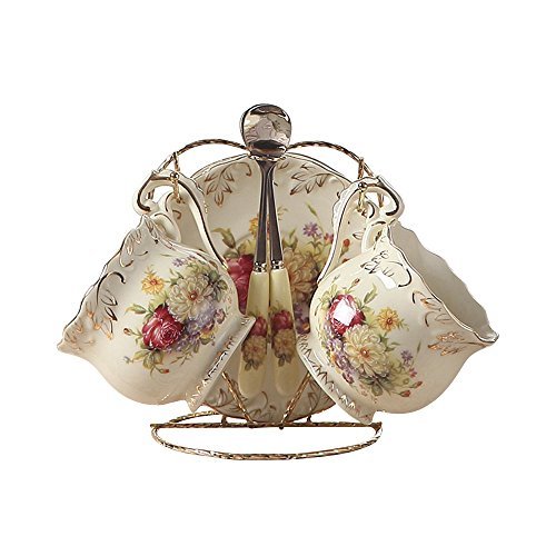 ufengke-ts 4 Pièces Européen Royale Ivoire Porcelaine Service À Thé Vintage avec Plateau À Thé, Motifs de Roses Rouge et Blanc et Placage d'or Service À Café,pour Mariage et Maison
