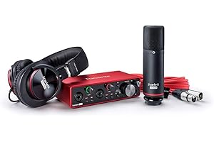 Bundle destiné aux auteurs, compositeurs, interprètes, comprenant une interface audio USB Focusrite Scarlett 2i2 Studio de 3e génération, un microphone électrostatique(à condensateur) et un casque