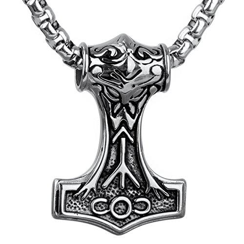 COPAUL Bijoux Acier Inoxydable Pendentif Collier Homme Gothique Marteau de Thor (Thors Hammer) Noeud Celtique Tribal,60cm Chaîne,Argent