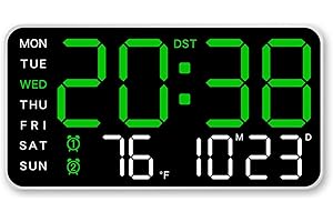 LVYXON Orologio da parete digitale a LED con sveglia, temperatura, visualizzazione della data e della settimana, attivazione vocale, luce diurna e interruttore °F/°C, alimentato tramite USB o a batteria, per