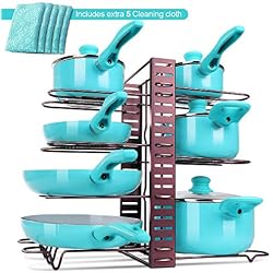 MASTERTOP Support de poêles en Fer avec 5 Chiffons en Microfibre, étagère de Casserole réglable, 8 Compartiments au Total pour poêles, casseroles et Set de Vaisselle