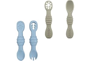 Bojiwavawd Baby Learning Spoons Forks Set, 4pcs Silicone Self feeding baby utensils Ages 6-12 months, Toddler Cutlery Set, Toddler Utensils, Feeding Training Spoons, Dishwasher Safe