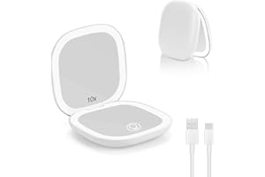 Collazoey LED Taschenspiegel mit 1X/10X vergrößerung, USB Wiederaufladbarer Reisespiegel, 3 Beleuchtung Einstellbar, Magnetschalter Taschenspiegel Klappbar, Tragbarer Handspiegel (Weiß)
