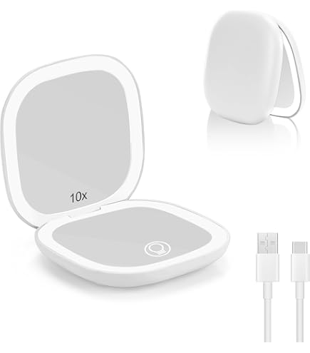Miroir De Maquillage éclairé QUMOX - Grossissement 10X, Lumière LED Réglable, Rechargeable USB-C - Compact Voyage
