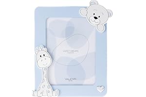 VALENTI & CO. - Cornice Porta Foto celeste in legno con animali dello zoo, da Tavolo o da appendere come decorazione in cameretta, idea regalo per Neonato e Bambino - 13x24