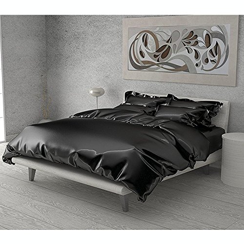 Preisvergleich Produktbild Komplettes Set Bettwäsche aus Satin für ein Doppelbett Schwarz