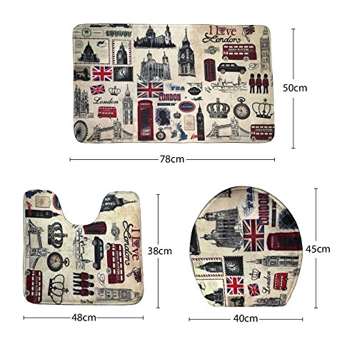 bearbae 3 Stück UK London Muster Badematte Set Badezimmer Teppich + Ständer Teppich + WC-Sitz Cover - 3
