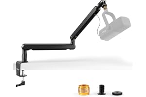 FIFINE Mikrofonarm, platt justerbar stång mikrofonstativ med mikrofonklämma, skruvadapter, kabelhantering, för podcast, strea