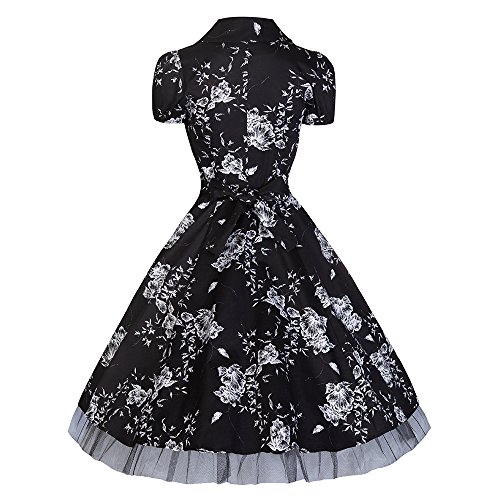 Pretty Kitty Fashion 50s Black White Floral Retro Swing Dress S