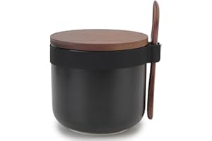 Chase Chic Cukiernica z pokrywką i łyżką, ceramiczna puszka na przyprawy z drewnianą pokrywką i łyżeczką, do kuchni, 250 ml, czarna