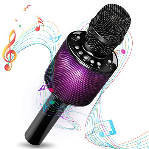 Micrófono Karaoke Bluetooth Inalambrico con Modo Dueto Luces Led 7 colores Para Fiestas Microfonos infantiles para niños niñas o amigos Compatible con IOS Android Windows (Negro)
