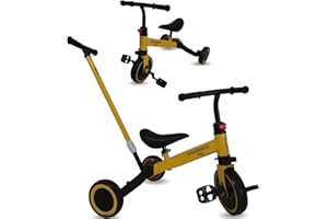 CHLOENCE Triciclo bambini evolutivo 3 in 1 Sicuro e Resistente Certificato CE Bicicletta Bambini 1-5 anni con Pedali Removibili, Manubrio Regolabile, Maniglia Di Spinta Per Il Genitore, Giallo