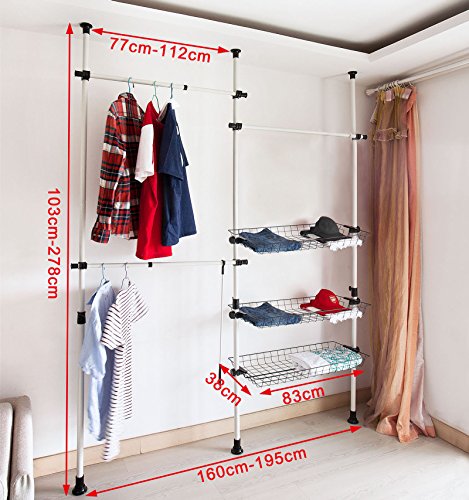 SoBuy® Sistema de perchero extensible,perchero telescópico,L(1600-1950mm)xA(1030-2780mm), metal y plástico, color blanco, FRG34, ES