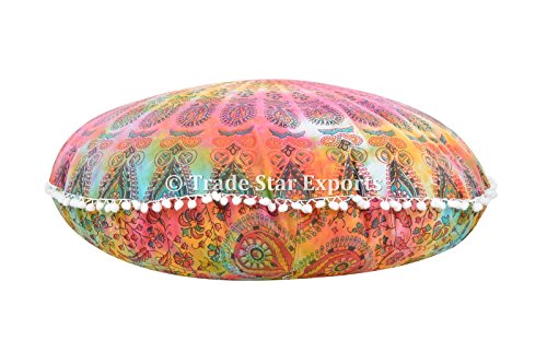 Groß Rund Bodenkissen, Abbindebatik Mandala Kopfkissen 81,3 cm dekorativer Überwurf-, Indian Pouf Polsterhocker, Boho Außenkissenbezug, POM POM kissenrollen - 3