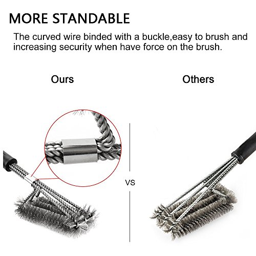 BBQ Grillbürste, Sounor 3 in 1 BBQ Edelstahl Grillbürste, 360° Reinigung, 18″ Extra Langer PP Wärmedämmung Griff, Langlebig Gewebt Edelstahldraht Borsten Perfekt für Holzkohle-Grill, Gas-Grill und Elektro-Grill (Schwarz) - 2