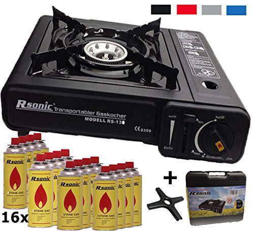 Portable Campingkocher 2,3 KW Gaskocher mit 16x Gaskartuschen + Phönix PH-K01 Gasherdkreuz 12x12 cm + Koffer