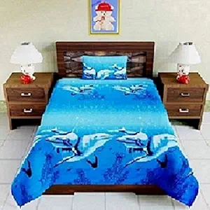 Cotton Villas 3D Printed Microfiber for Single bedsheet for Single Bed Blue Fish with 1 Pillow Cover Microfiber and Cotton Mix Color White (88 X 60 inch )