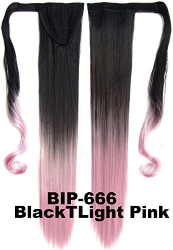 22"Wrap Around Ponytail Clip in Hair Extensions One Piece Magic Paste Pony Tail Long Straight Soft Silky for Women(BlackTLight Pink)