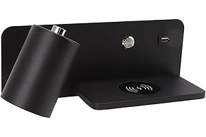 Fockety LED Wall Sconce With 5V USB Charging Port and Wireless Charger - Rotatable Warm Light Lamp for Bedroom, Living Room, Hotel (Black Left)