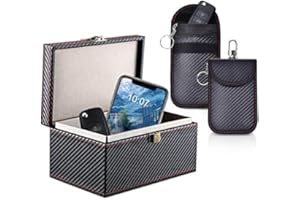 Boîte Anti RFID Clé Voiture Ensemble avec Etui RFID, Boîte Anti RFID & Lot de 2 Signal Blocage Faraday Pochette Sac, Boîte Antivol de Blocage de Signal pour Entrée sans Clé