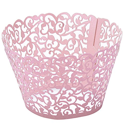 Mogoko 50 Stk. Cupcake Wrappers Hohl Cupcakeförmchen Kuchen Pappbecher Verpackungen Kuchenverpackung für Hochzeit Geburtstag feiern Baby Dusche Dekoration (Rosa) - 4