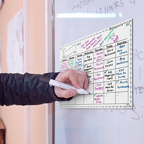 Antaprcis Pizarra Magn  tica para Nevera 30 x 40 cm con Calendario Semanal para para Notas y Planificaci  n Semanal Tablero de Borrado Seco color Blanco con 4 Rotuladores y un borrador