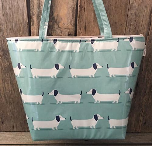 Tote bag,shopping bag,hand bag,book bag,school bag, duckegg blue dachshund oilcloth