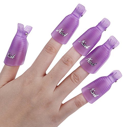 10 Stück Kunststoff-Nagel-Kunst tränken weg Cap Clip UV Gel Polish Remover Wrap-Werkzeug (Lila)
