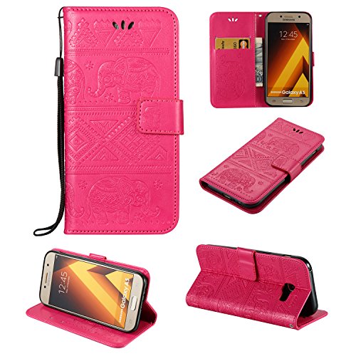 Samsung Galaxy A5 2017 Case , Samsung Galaxy A5 2017 Leather Case , Samsung Galaxy A5 2017 Wallet Case ,COZY HUT® Elegant Tribal Elephant Pattern Design Leather Wallet Case [with Lanyard Strap/Rope] for Samsung Galaxy A5 2017, Premium Flip Wallet with Card-Slot Kickstand and Magnetic Clip, Book Style Design Protective Folder Case Cover for Samsung Galaxy A5 2017 - Rose Red Elephant