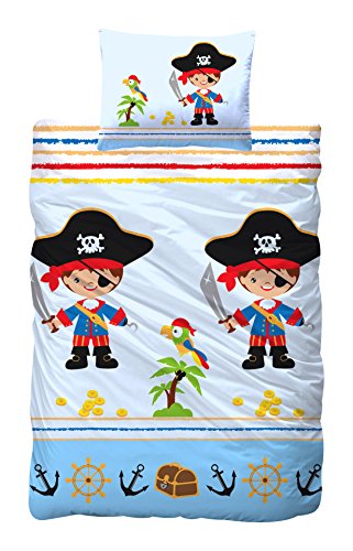 Aminata Kids – Kinderbettwäsche Bettwäsche Kinder 100×135 cm Baumwolle Jungen Pirat Piraten Seeräuber Piratenschiff Schatzinsel Piratenflagge Schatz Schatzkarte Schatzkiste blau Kleinkind KINDERGRÖSSE - 2