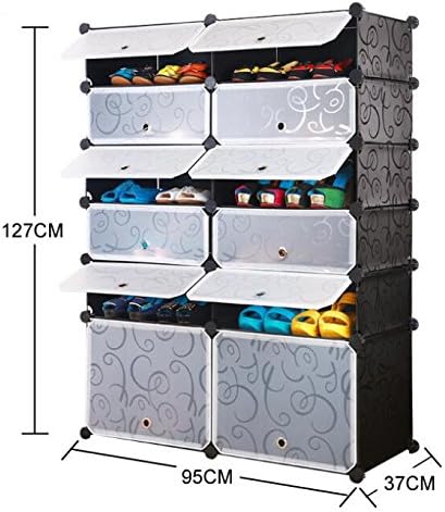 SZ5CGJMY ® 12 Cube DIY Shoe Rack, Versatile Cube Storage Organiser Plastic Cupboard with Doors, Curly Pattern, Black and White High heels, boots storage