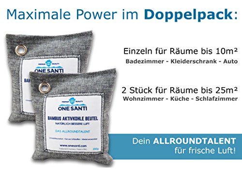 Luftentfeuchter mit Bambus-Aktivkohle von ONE SANTI ✲ Das Aktivkohle Säckchen im 2er Set ✲ Der beste umweltfreundliche Lufterfrischer und effektive Geruchsentferner – Dein Geruchsneutralisierer für Auto, Küche, Schrank, WC, Wohnwagen oder Sport-tasche - 6