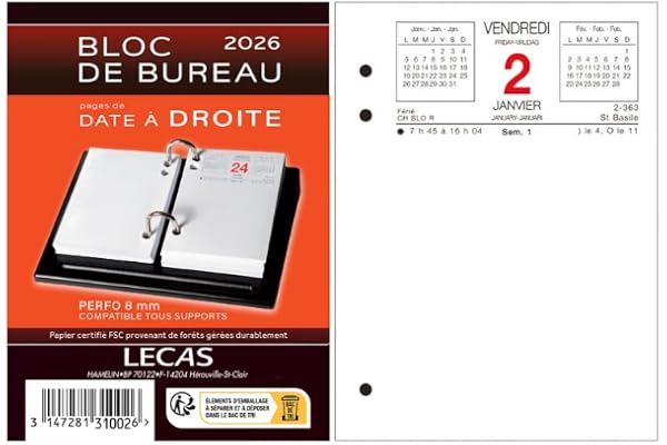 Calendrier Lecas Bloc Date A Droite 8,5X11,5 1 Jour par Page 2026