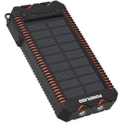 POWERADD Batterie Externe Solaire 12000mAh, Chargeur Solaire Imperméable avec Deux Lampes LED et Briquet Intégré pour en Plein Air, Double Sortie USB pour iPhone, Smartphone et Tablette, etc.
