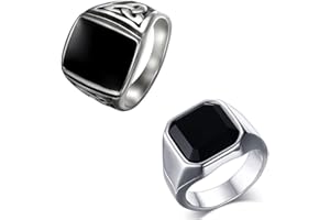 Flongo Anello di Fidanzamento da Uomo, Grande Anello di Tenuta con Pietra Nera, Anello Celtico in Acciaio Inossidabile Design Vintage retr¨°, Nero Argento Taglia scelta