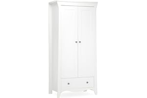 CuddleCo Clara Classic Wardrobe in White/Ash, Two Door Hinges with Adjustable Hanging Rail, Interior Self and Large Base Drawer (85x180x50cm)