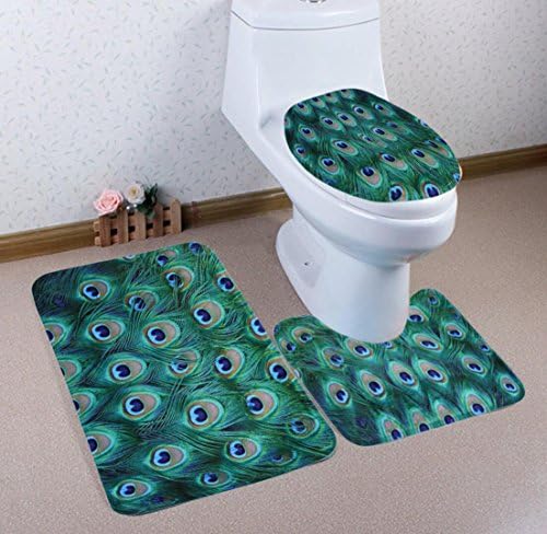 Bath Mat Toilet Rug Set 3 piece Non Slip Bathroom Washable Peacock Feather 50x80cm/40x50cm/38x43cm