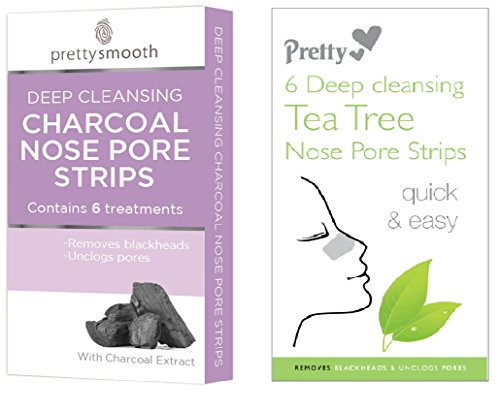 Pretty Tea Tree & Charcoal Nose Pore Strips Set - 2 x Packs of 6 - Deep Cleansing, Remove Blackheads & Unclog Pores
