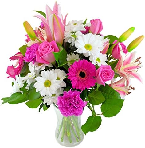 Elegant Pink and White Hand Tied Floral Arrangement By Longacres Flowers – Pink Carnations, Pink Gerbera, Pink Lilies &amp; White Chrysanthemums - Fresh Flower Bouquet Arranged By Qualified Florist – FREE DELIVERY