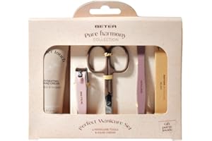 Beter - Set de Manicura Pure Harmony, Set de 4 Piezas (Lima de uñas, Pinza Depilar, Tijera de uñas, Cortaúñas) + Crema de Manos y Bolsa de Tela, Perfecto para regalo, Neceser Manicura Completo