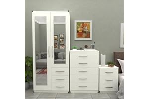GENERIC Ready 3-Piece Bedroom Furniture Set, 2-Door Mirrored Wardrobe with Drawers, 5-Drawer Chest, 3-Drawer Bedside Table (White)