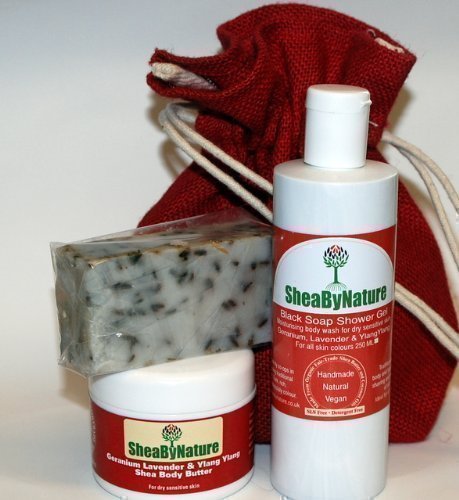 Sensual & Romantic Hand Made Natural Skincare Gift Set for Very Dry Skin with Essential Oils of Ylang Ylang, Geranium, Lavender and Rose from SheaByNature