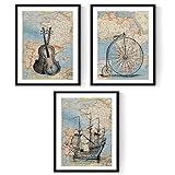 3 láminas en Tamaño A4 Nacnic Pack de 3 láminas para enmarcar MAPAS Vintage. Compuesto por Barco VELERO, Bicicleta Y VIOLINES