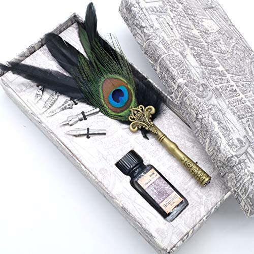 HOHUHU HO-Q-305 - Bolígrafo de caligrafía con pluma de pavo real envejecida