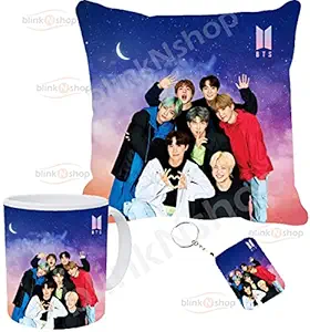 blinkNshop BTS Cushion Mug Combo Pack - Cushion Cover with Filler (12 X 12 Inch), Coffee Mug and MDF Keychain Gift for Kids Brother Sister