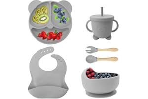 Eliano 6-teiliges Silikon Baby Geschirr Set – BPA-frei – Rutschfester Teller & Schüssel, Lätzchen, Trinklernbecher mit Strohhalm & Besteck – Baby Led Weaning Set (Grau)