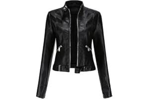 YYNUDA Veste Femme Cuir Court Blouson avec Ceinture Motard Col Montant Biker Zippé Vintage Manteau Bombers Moto